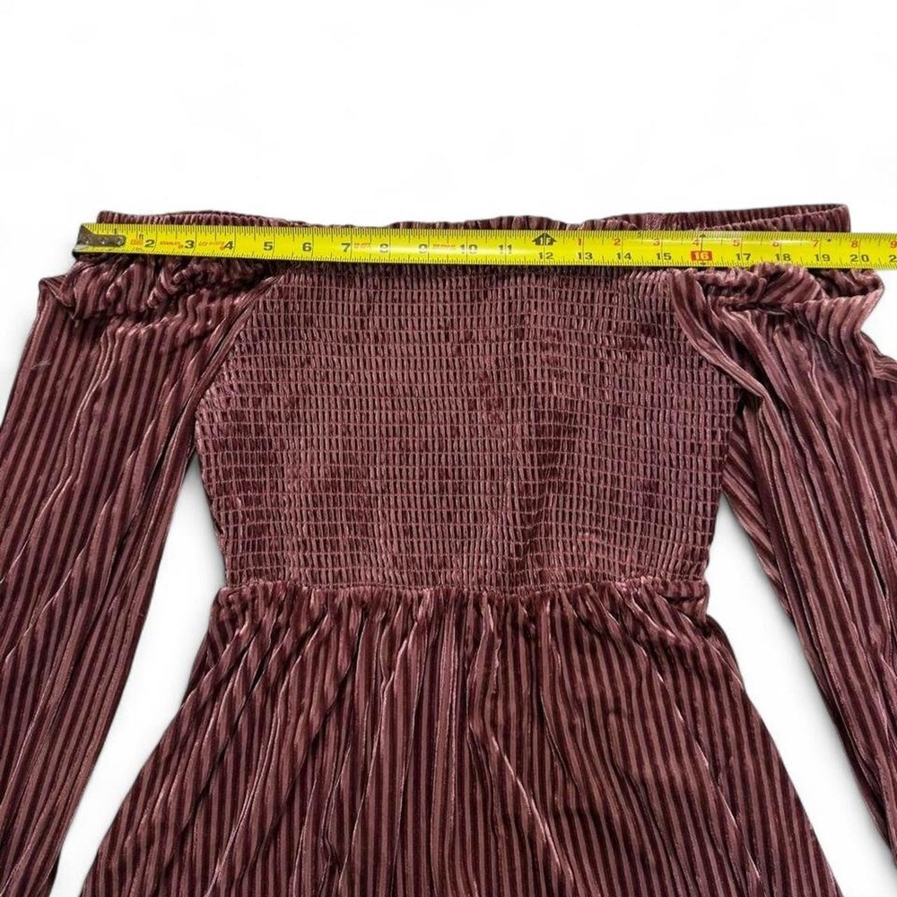 Mauve Pink Velvet Ribbed Off Shoulder Top Smocked Babydoll Blouse - Picture 3 of 3
